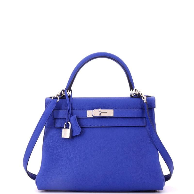 Hermes Kelly Handbag Blue Togo with Palladium Hardware 28: Condition: Pre-owned - Excellent,Brand: Hermes,Exterior Material: Leather,Style: Top Handle,Exterior Color: Blue,Department: Women,Size: 28,Accessories: Clochette, Keys, Box, Lock, Dust Bag, With Stra