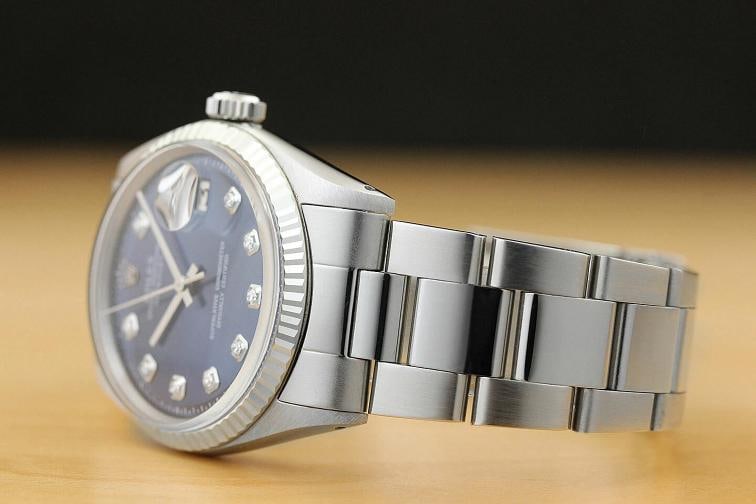 MENS ROLEX DATEJUST BLUE DIAMOND 18K WHITE GOLD/SS STEEL WATCH w/ OYSTER BAND - 4