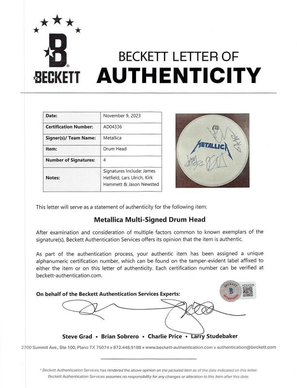 Metallica (4) Hetfield, Ulrich, Hammett +1 Signed 15 Inch Drum Head BAS #AD04336 - 3