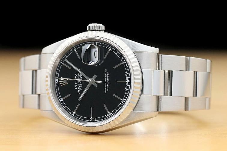 ROLEX MENS DATEJUST 16234 BLACK DIAL 18K WHITE GOLD STAINLESS STEEL WATCH - 2