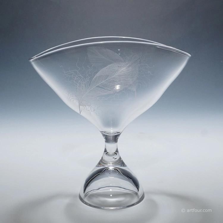 Footed Bowl with Feather Decoration by Vicke Lindstrand for Kosta 1950s - 2