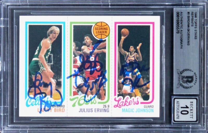 Bird, Erving & Magic Signed 1996 Topps Stars Reprints #8 Card Auto 10 BAS Slab 1 (1 of 2)