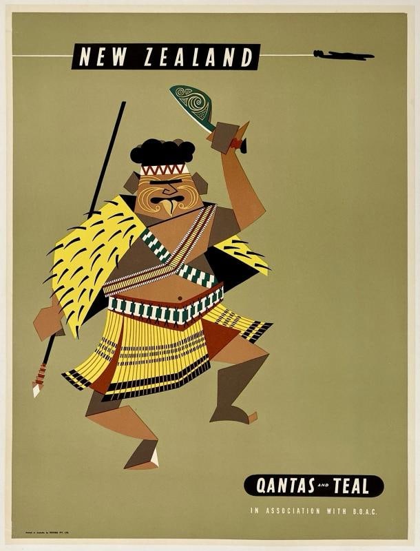 Original Vintage Poster NEW ZEALAND QANTAS Airline Travel Tourism 15 x 20 LINEN (1 of 5)