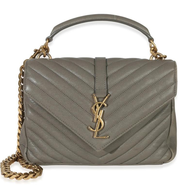 Saint Laurent Taupe Sheepskin Matelasse Chevron Monogram Medium College Bag
