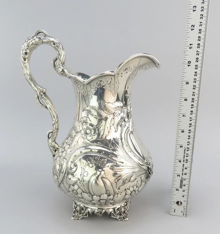 1850s Fabulous American Coin Silver Large Pitcher Fargo Family Monogram 12" Tall - 2