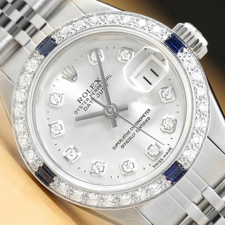 LADIES ROLEX DATEJUST 69174 18K GOLD DIAMOND SAPPHIRE STEEL SILVER DIAL WATCH: Condition: Pre-owned - Excellent,Bezel Color: Silver,Max Wrist Size: 6.26-6.75 in,Number of Jewels: 29 Jewels,Indices: Diamond Markers, 12-Hour Dial, Seconds Hand,Band: Custom Stainless Steel Jubilee 