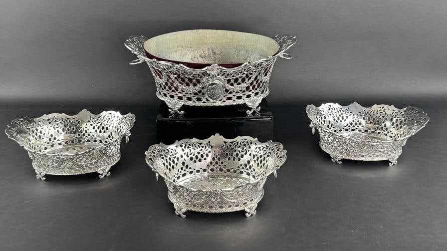 4 Ornate 1893 English Sterling Silver Openwork Baskets from Vanderbilt Estate: Brand: N/A,Pattern: N/A,Style: Victorian,Age: 1850-1899,Composition: Sterling Silver (.925),Maker: Charles Johnston Hill,Year Made: 1893,Country of Origin: United Kingdom Presented is a fantastic
