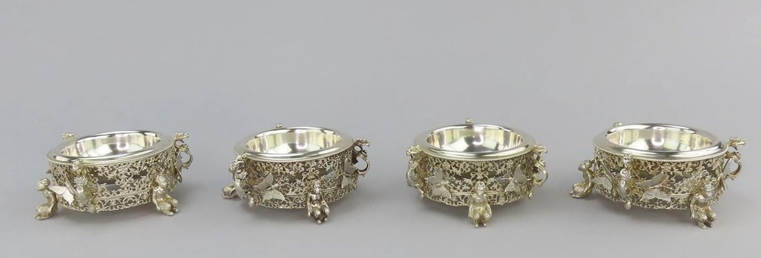 4 Large 1800s German Silver Salts Fantasy Figures Satyrs Butterflies: Type: Salt Cellar,Age: 1840 to 1870s,Style: Northern Renaissance,Material: Silver,Region: Germany,Composition: 812 purity silver,Country of Origin: Germany Presented is a beautiful set of 4 German sil
