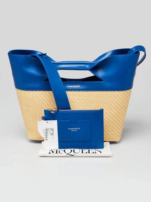 Alexander McQueen Natural/Electric Blue Leather and Straw Small Bow Tote Bag - 10