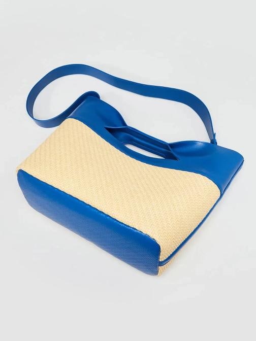 Alexander McQueen Natural/Electric Blue Leather and Straw Small Bow Tote Bag - 3