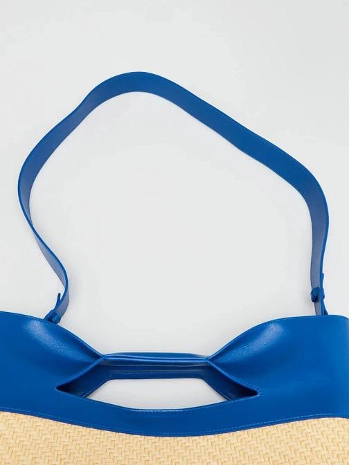 Alexander McQueen Natural/Electric Blue Leather and Straw Small Bow Tote Bag - 5