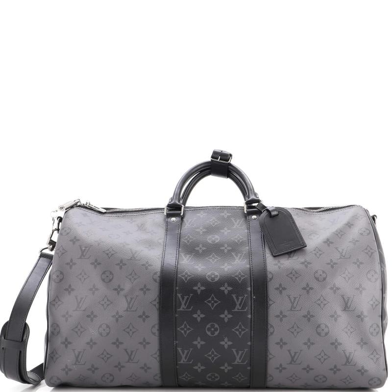 Louis Vuitton Keepall Bandouliere Bag Reverse Monogram Eclipse Canvas 50: Accessories: Luggage Tag, Lock, Poignet, Keys, Dust Bag, With Strap Measurements: Handle Drop 4", Height 11.5", Width 20", Depth 9", Strap Drop 17-21". Condition: Pre-owned - Good,Brand: Louis