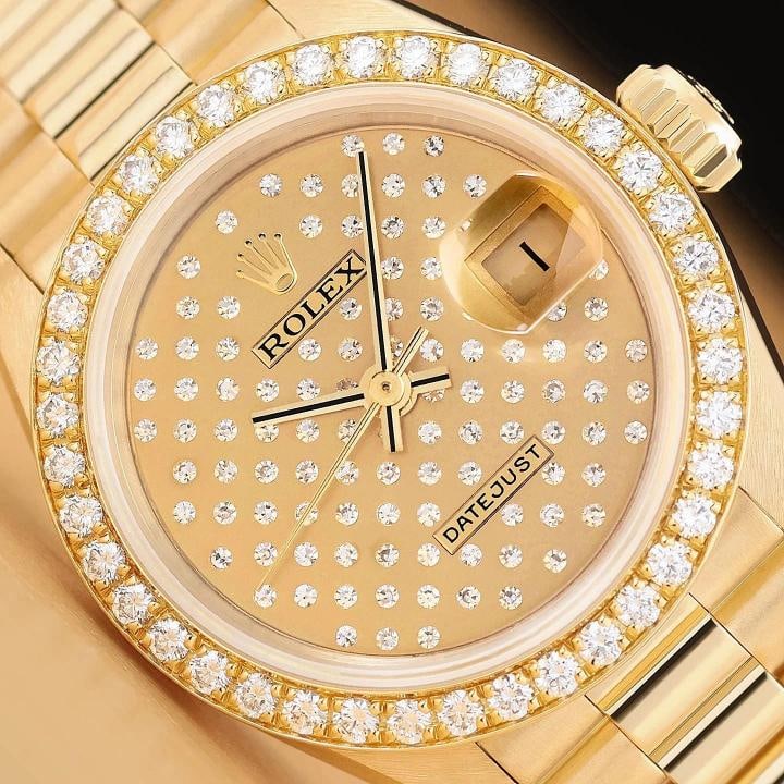 ROLEX LADIES PRESIDENT 69138 FACTORY DIAMOND FULL PAVE 18K YELLOW GOLD WATCH: This is an authentic Rolex Datejust 69138 watch with an original 18K yellow gold president bracelet, factory Rolex pave dial, 18K yellow gold diamond bezel, and factory Rolex box. Descriptions: Brand: