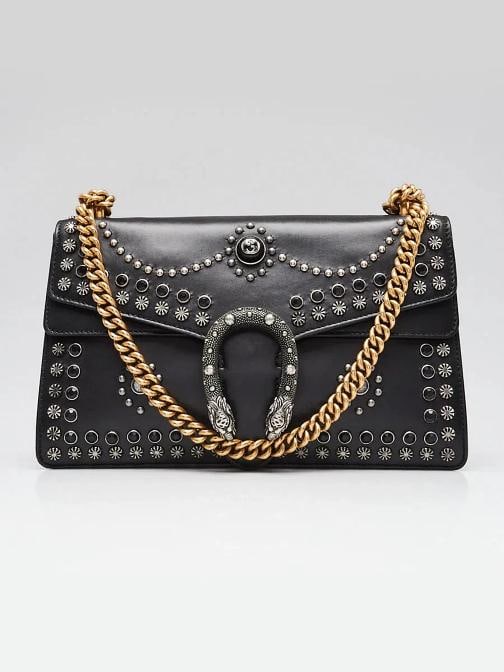 Gucci Black Leather Studded Dionysus Small Shoulder Bag: Handle Drop: 8.5" and 14" Measurements: 11" L x 4" W x 6.5" H. Condition: Pre-owned - Good,Brand: Gucci,Exterior Material: Leather,Style: Everyday Bags,Exterior Color: Black,Department: Women,Country