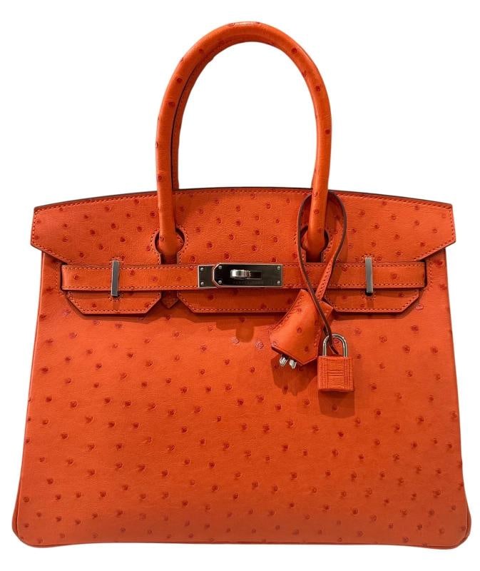 Hermes Birkin 30 Ostrich Tangerine Orange Leather Palladium Hardware RARE: 9"H x 12"W x 6"D. Condition: Pre-owned - Excellent: This item has been previously worn; however, it is in excellent condition. ... Read moreabout the conditionPre-owned - Excellent: This item has