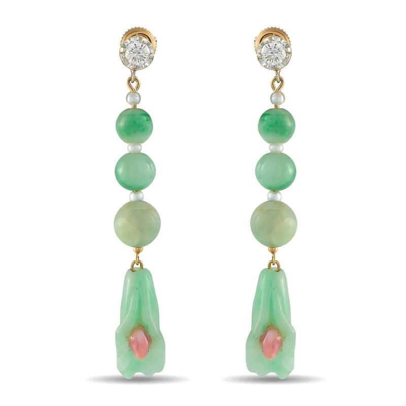 0.50ct Diamond, Conch Pearl, and Jade Earrings: Each earring measures 2.25 long by 0.32 wide. Condition: Pre-owned - Good: This item has been gently used but is in good condition. It might have a few signs ... Read moreabout the conditionPre-owned