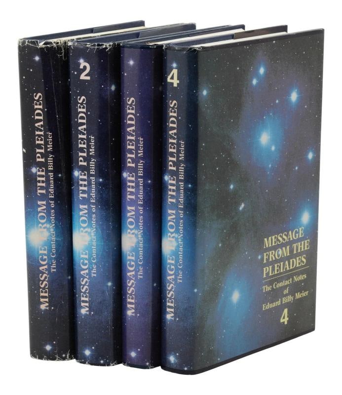 Message from the Pleiades: The Contact Notes of Eduard Billy Meier UFO 1st 1988: First edition of each volume Tucson; Munds Park, AZ: UFO Photo Archives ; Genesis III Publishing, Inc., 1988-1995. First edition of each of the 4 volumes in the series. Volume 1 is #701 of 1,000