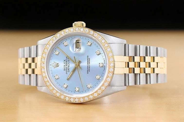 ROLEX MENS DATEJUST 16233 ICE BLUE FACTORY DIAMOND 18K YELLOW GOLD STEEL WATCH - 2