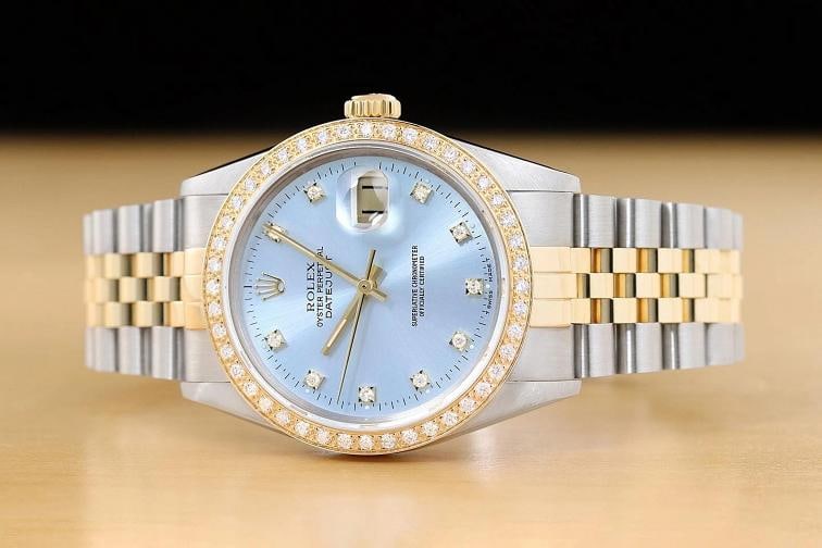 ROLEX MENS DATEJUST 16233 ICE BLUE FACTORY DIAMOND 18K YELLOW GOLD STEEL WATCH - 3