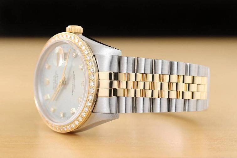 ROLEX MENS DATEJUST 16233 ICE BLUE FACTORY DIAMOND 18K YELLOW GOLD STEEL WATCH - 4