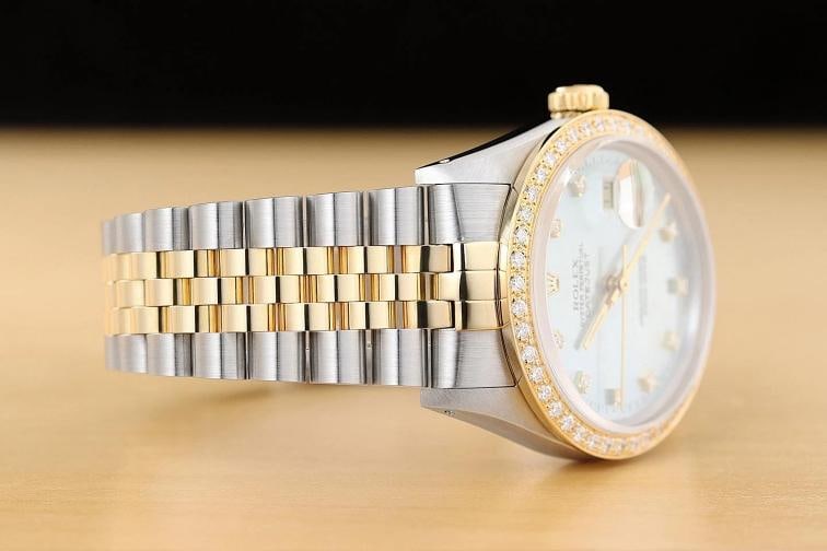 ROLEX MENS DATEJUST 16233 ICE BLUE FACTORY DIAMOND 18K YELLOW GOLD STEEL WATCH - 7