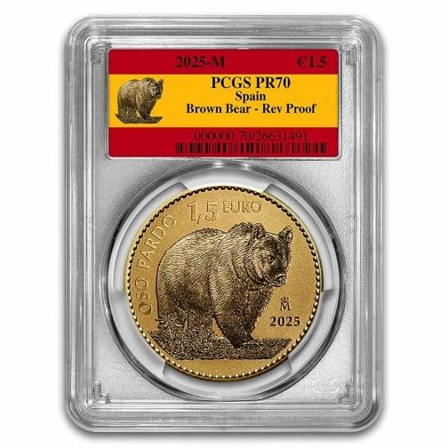 2025 Spain 1 oz Gold Reverse Proof Bear Doubloon PR-70 PCGS: Condition: Graded - PCGS: Professionally graded,Brand: Royal Spanish Mint,MPN: 329631,Year: 2025,Fineness: 0.9999,Denomination: 1 1/2 Euro,Circulated/Uncirculated: Proof - 70,Certification: PCGS,Count
