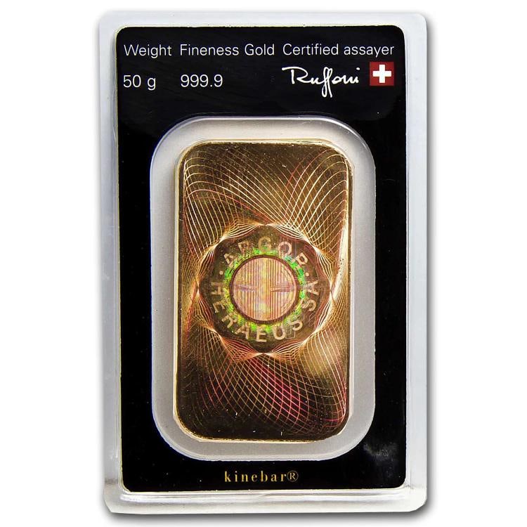 50 gram Gold Bar - Argor-Heraeus KineBar Design (In Assay) - 2