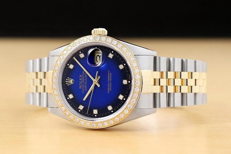 ROLEX DATEJUST 16233 BLUE VIGNETTE FACTORY DIAMOND 18K GOLD STEEL TWO TONE WATCH - 2