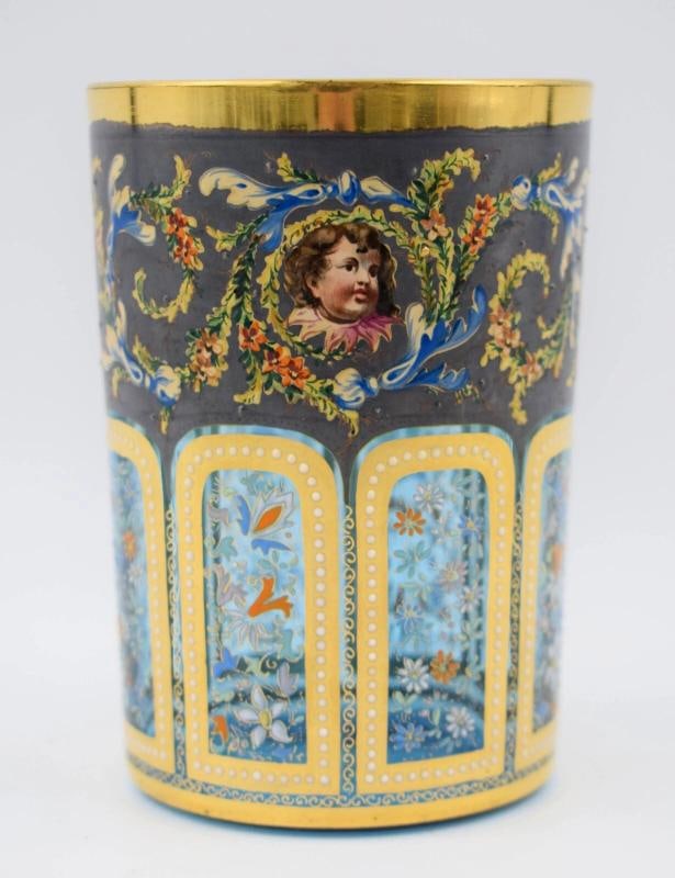 Museum Quality Moser hand Painted Tumbler w/Gold Gilt, Cherubs & Flowers, C1900: Measures 4" high by 2 3/4" wide.. Condition: Used,Brand: Moser,Type: Tumbler Glass,Color: Multicolor,Year Manufactured: 1900,Backstamp: Painted,Country of Origin: Germany