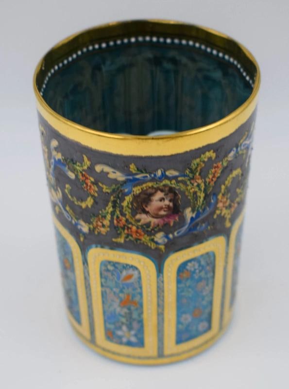 Museum Quality Moser hand Painted Tumbler w/Gold Gilt, Cherubs & Flowers, C1900 - 2