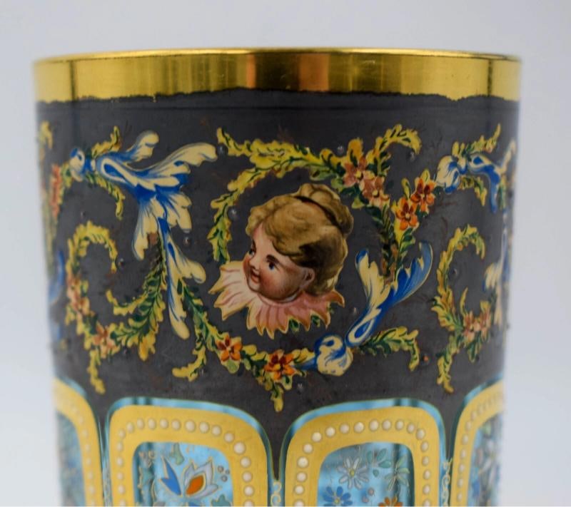 Museum Quality Moser hand Painted Tumbler w/Gold Gilt, Cherubs & Flowers, C1900 - 3