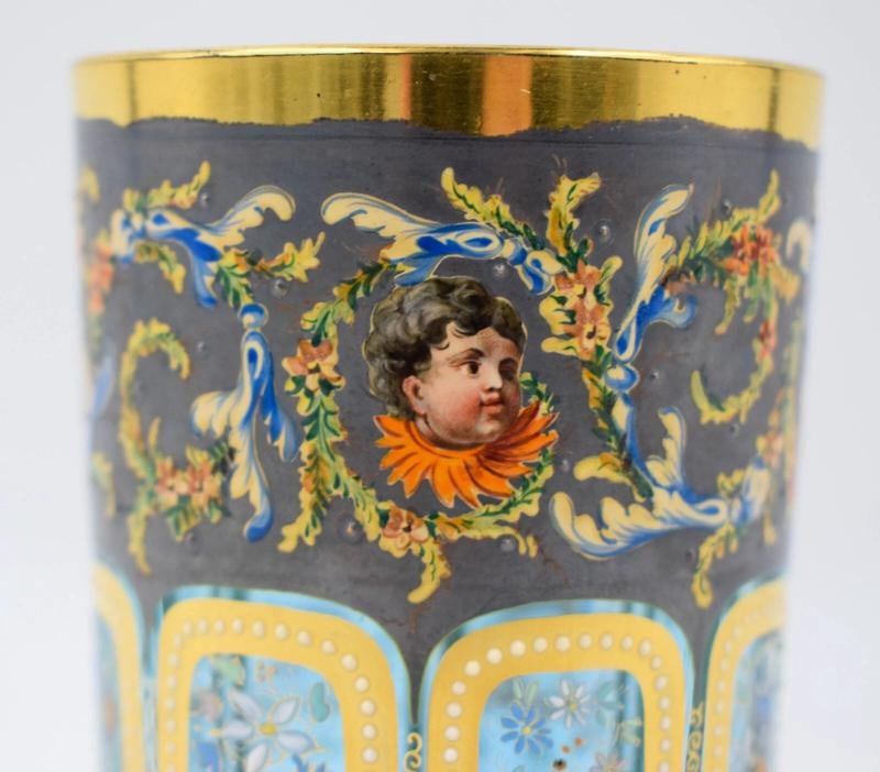 Museum Quality Moser hand Painted Tumbler w/Gold Gilt, Cherubs & Flowers, C1900 - 4