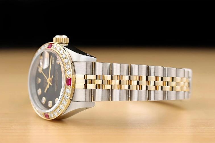 ROLEX LADIES DATEJUST 69173 BLACK FACTORY DIAMOND DIAL 18K GOLD STEEL RUBY WATCH - 4