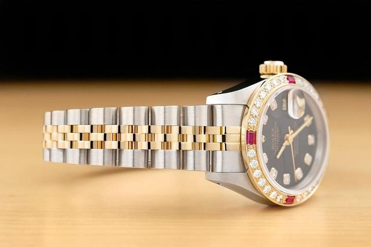 ROLEX LADIES DATEJUST 69173 BLACK FACTORY DIAMOND DIAL 18K GOLD STEEL RUBY WATCH - 7