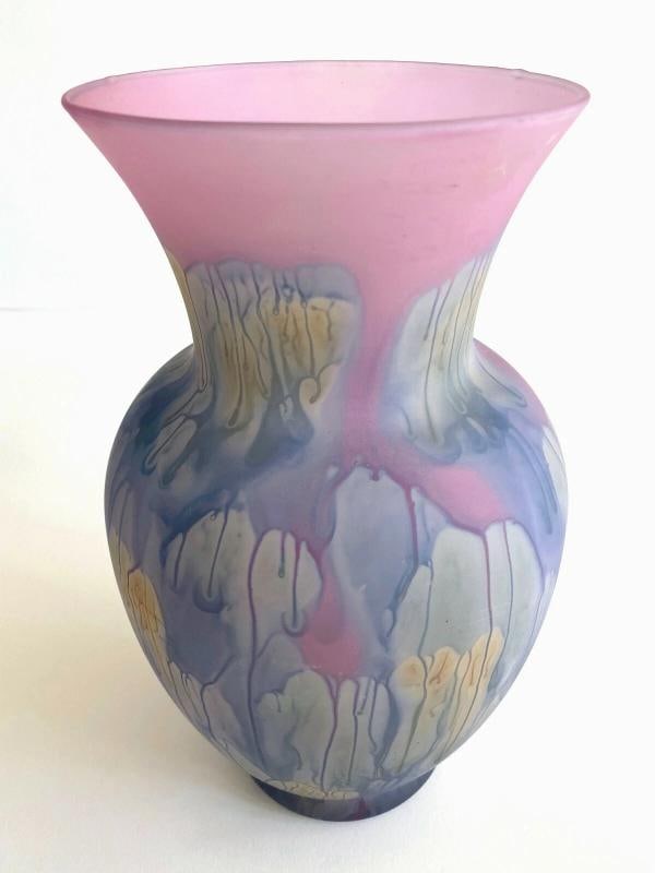 VTG 1980'S JERUSALEM ART GLASS HAND PAINTED FROSTED DRIP GLAZE LRG FLOWER VASE - 2