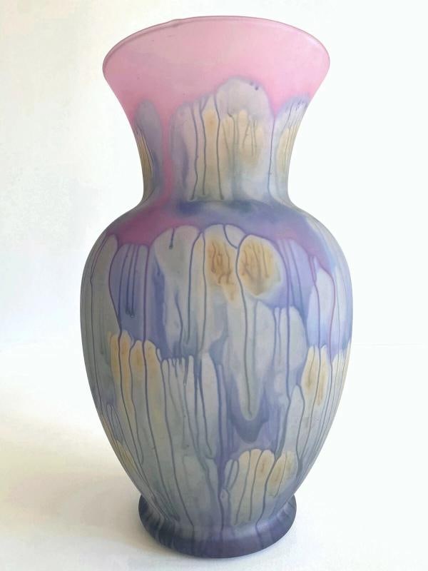 VTG 1980'S JERUSALEM ART GLASS HAND PAINTED FROSTED DRIP GLAZE LRG FLOWER VASE - 3
