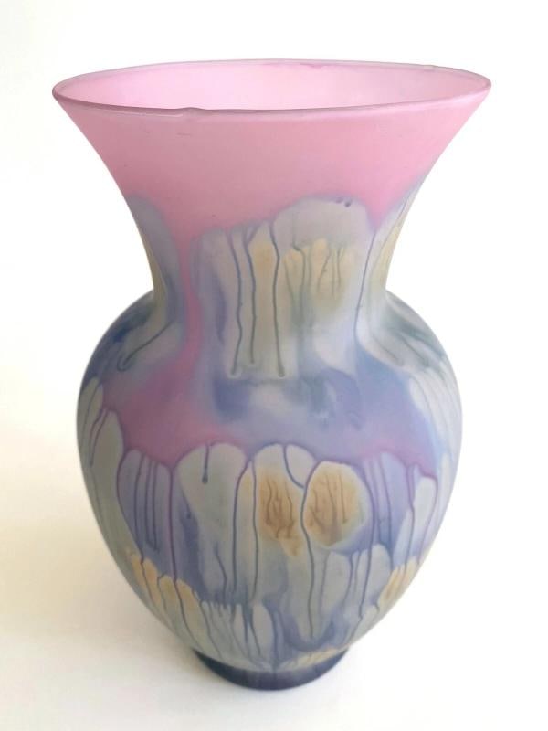 VTG 1980'S JERUSALEM ART GLASS HAND PAINTED FROSTED DRIP GLAZE LRG FLOWER VASE - 4