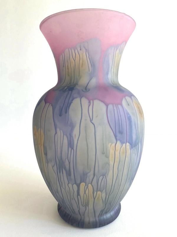 VTG 1980'S JERUSALEM ART GLASS HAND PAINTED FROSTED DRIP GLAZE LRG FLOWER VASE - 7
