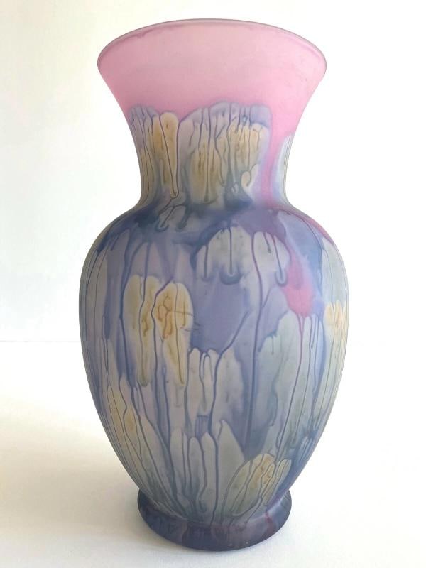 VTG 1980'S JERUSALEM ART GLASS HAND PAINTED FROSTED DRIP GLAZE LRG FLOWER VASE - 9