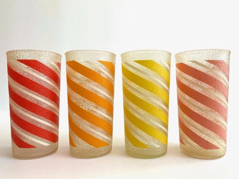 MID CENTURY MODERN CANDY STRIPE FROSTED TEXTURE MULTICOLOR TUMBLER GLASSES - 7PC - 10