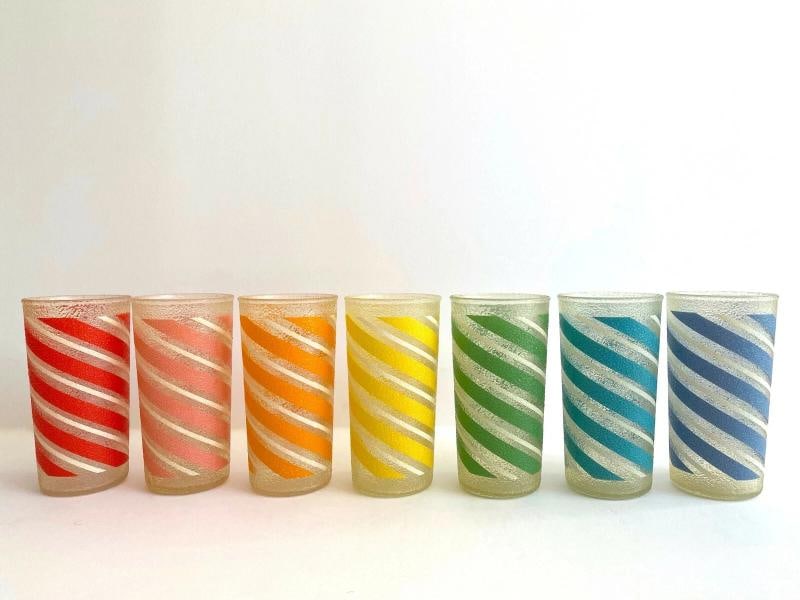 MID CENTURY MODERN CANDY STRIPE FROSTED TEXTURE MULTICOLOR TUMBLER GLASSES - 7PC - 11