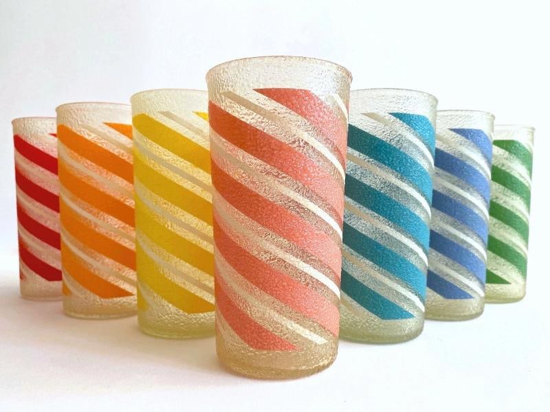 MID CENTURY MODERN CANDY STRIPE FROSTED TEXTURE MULTICOLOR TUMBLER GLASSES - 7PC: MEASURE 2 3/4" DIA TOP OPENING X 2 1/4" DIA BOTTOM BASE X 5 1/2" H. Condition: Used,Style: Mid-Century Modern,Type: Tumbler,Color: Multi-Color,Time Period Manufactured: