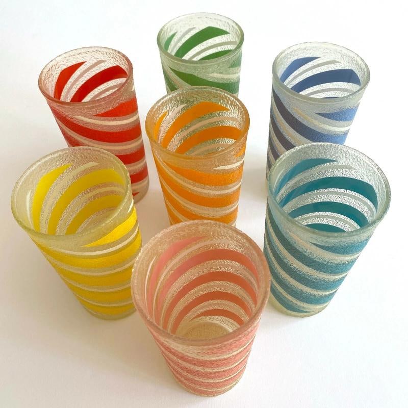 MID CENTURY MODERN CANDY STRIPE FROSTED TEXTURE MULTICOLOR TUMBLER GLASSES - 7PC - 2