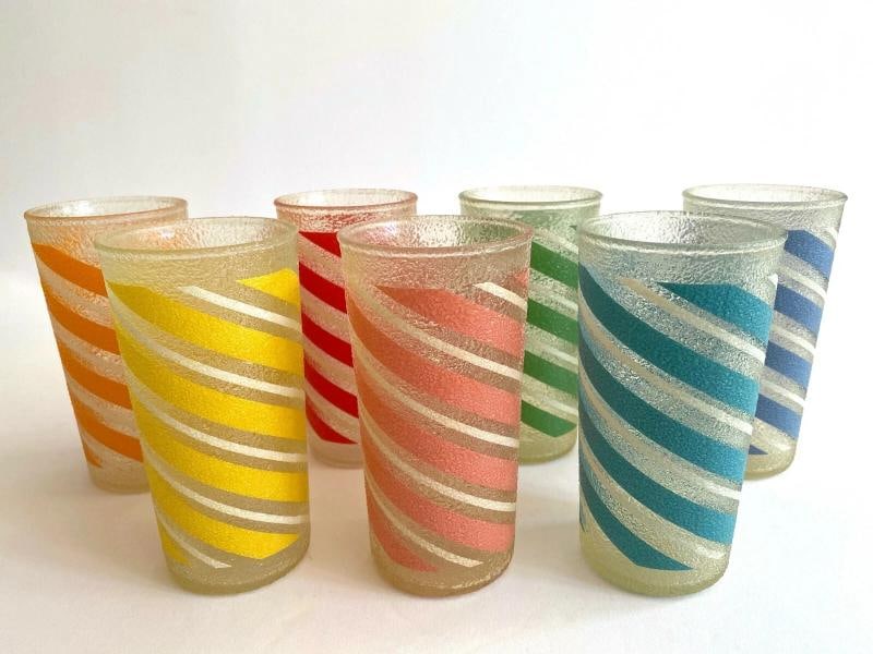 MID CENTURY MODERN CANDY STRIPE FROSTED TEXTURE MULTICOLOR TUMBLER GLASSES - 7PC - 3
