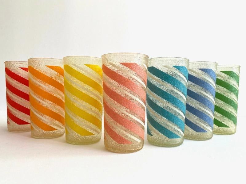 MID CENTURY MODERN CANDY STRIPE FROSTED TEXTURE MULTICOLOR TUMBLER GLASSES - 7PC - 4