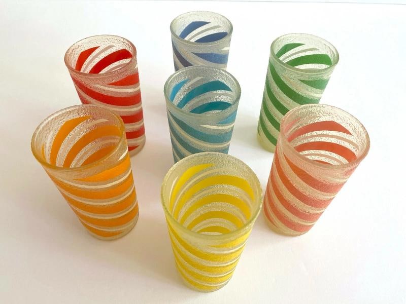 MID CENTURY MODERN CANDY STRIPE FROSTED TEXTURE MULTICOLOR TUMBLER GLASSES - 7PC - 5