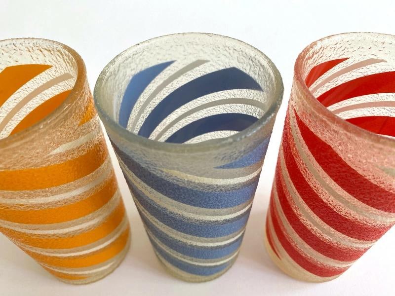 MID CENTURY MODERN CANDY STRIPE FROSTED TEXTURE MULTICOLOR TUMBLER GLASSES - 7PC - 6