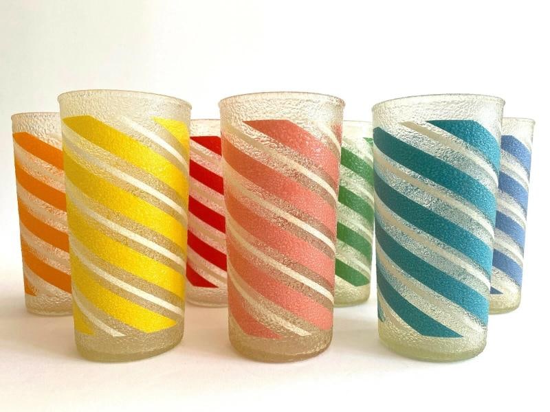 MID CENTURY MODERN CANDY STRIPE FROSTED TEXTURE MULTICOLOR TUMBLER GLASSES - 7PC - 7