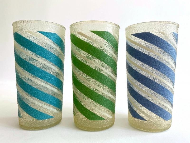 MID CENTURY MODERN CANDY STRIPE FROSTED TEXTURE MULTICOLOR TUMBLER GLASSES - 7PC - 8
