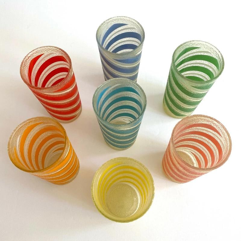 MID CENTURY MODERN CANDY STRIPE FROSTED TEXTURE MULTICOLOR TUMBLER GLASSES - 7PC - 9